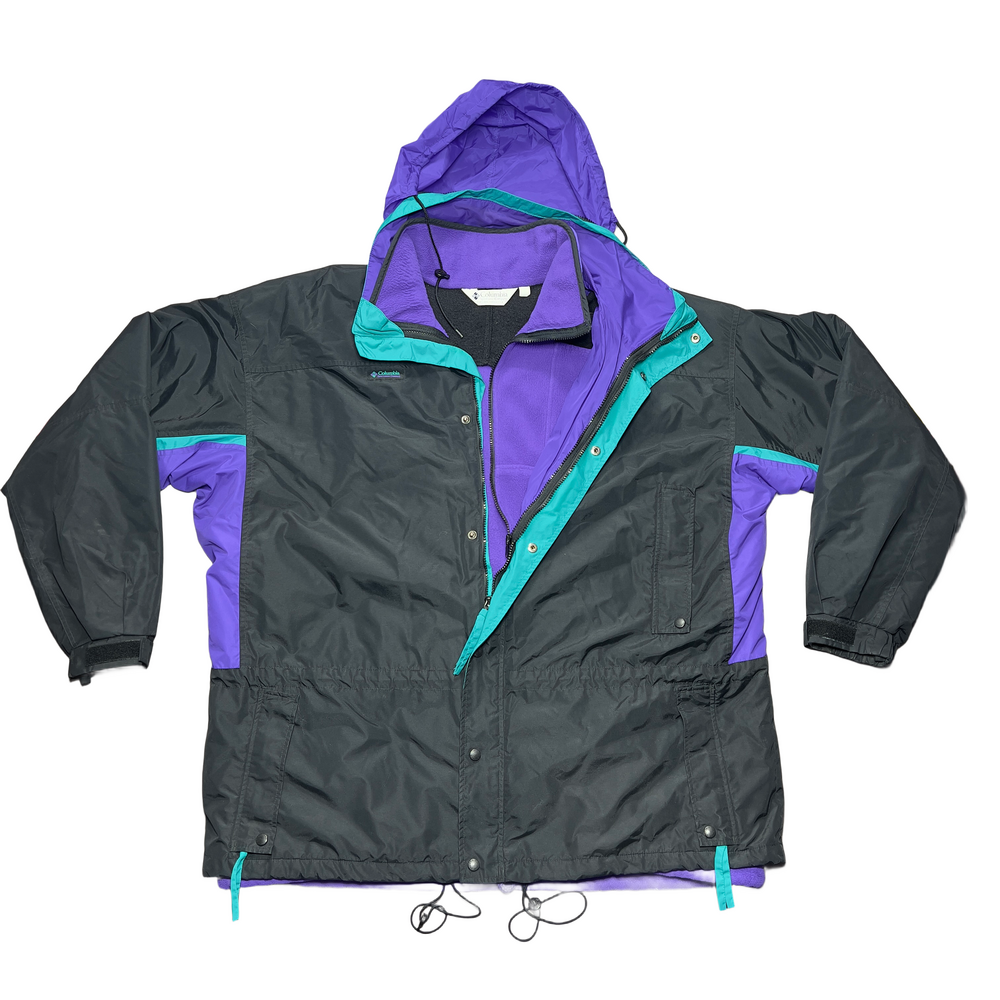 Vintage Columbia Bugaboo Jacket Mens 2XLT Black Purple 3-in-1 Packable Hood 90s